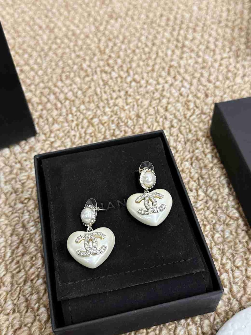 CHANEL White Pearl Heart Drop Earrings with Crystal CC Emblems